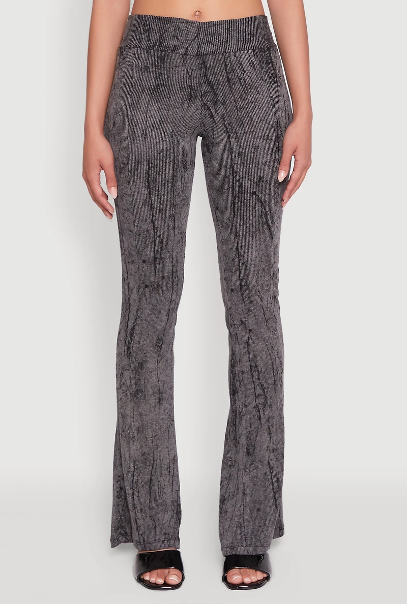 Womens Mineral Wash Pintuck Flared Pants, Black, Size M