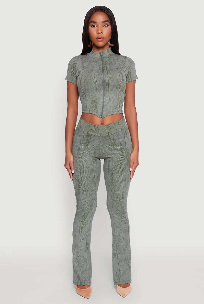 Womens Mineral Wash Pintuck Flared Pants, Green, Size L