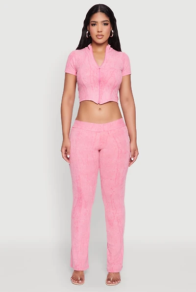 Womens Mineral Wash Pintuck Flared Pants, Pink, Size M