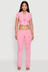 Womens Mineral Wash Pintuck Flared Pants, Pink,