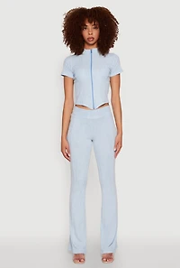 Womens Mineral Wash Pintuck Flared Pants, Blue, Size XL