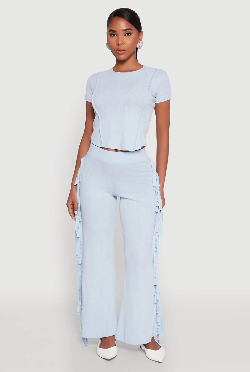 Womens Mineral Wash Pintuck Short Sleeve Top, Blue, Size L