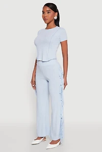 Womens Mineral Wash Pintuck Short Sleeve Top, Blue, Size L