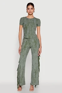 Womens Mineral Wash Rib Knit Fringe Pants, Green, Size S