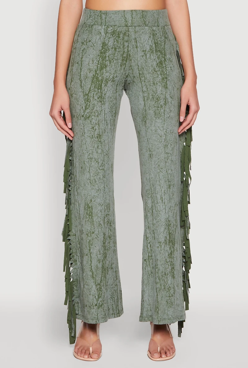 Womens Mineral Wash Rib Knit Fringe Pants, Green, Size S