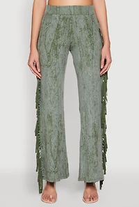Womens Mineral Wash Rib Knit Fringe Pants, Green, Size S