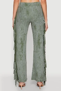Womens Mineral Wash Rib Knit Fringe Pants, Green, Size S