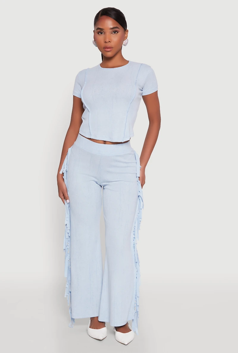 Womens Mineral Wash Rib Knit Fringe Pants, Blue, Size S