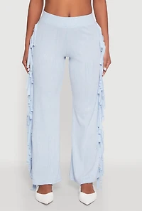 Womens Mineral Wash Rib Knit Fringe Pants, Blue,