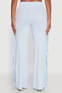 Womens Mineral Wash Rib Knit Fringe Pants, Blue,