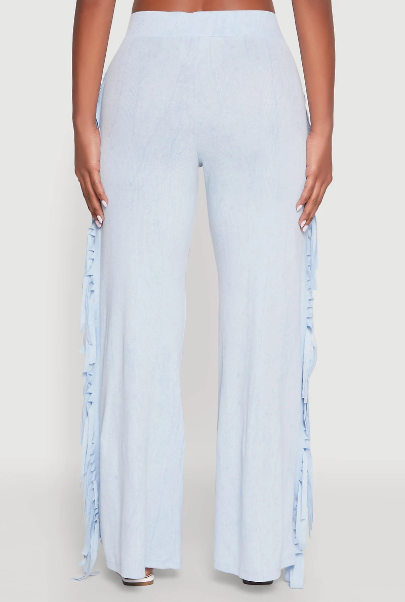 Womens Mineral Wash Rib Knit Fringe Pants, L