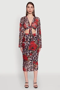 Womens Mesh Jaguar Rose Print Ruched Skirt, Multi, Size M