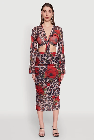 Mesh Jaguar Rose Print Ruched Skirt
