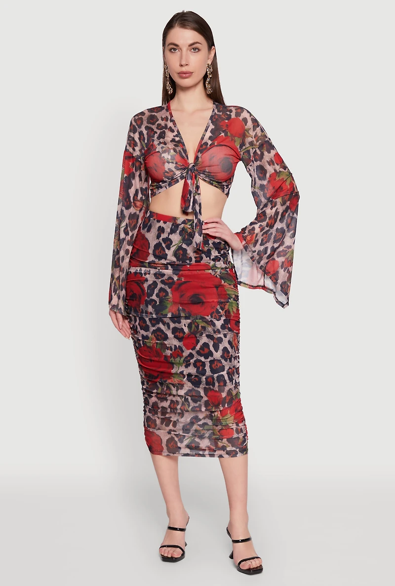 Womens Mesh Jaguar Rose Print Ruched Skirt, Multi, Size M