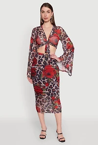 Womens Mesh Jaguar Rose Print Ruched Skirt, Multi, Size M