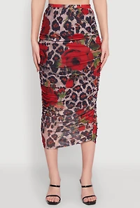 Womens Mesh Jaguar Rose Print Ruched Skirt, Multi, Size M