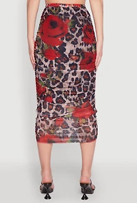 Womens Mesh Jaguar Rose Print Ruched Skirt, Multi, Size M
