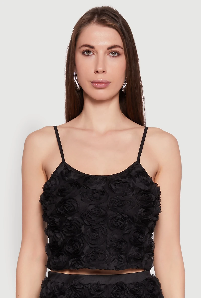 Womens 3D Flower Cropped Cami, Black, Size L