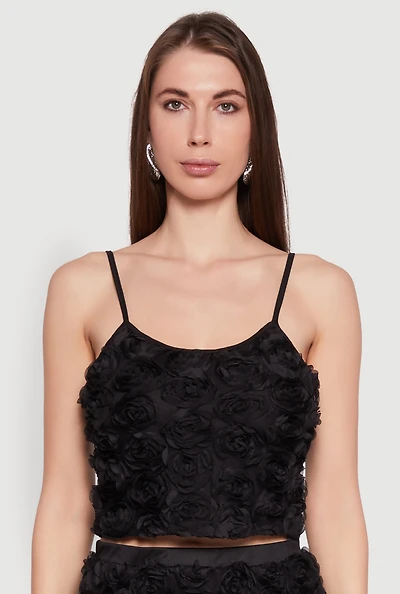 Womens 3D Flower Cropped Cami, Black, Size L