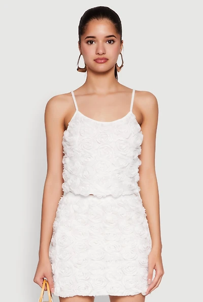 Womens 3D Flower Cropped Cami, White, Size S