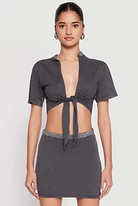 Womens Rhinestone Collar Tie Front Crop Top, Grey, Size S