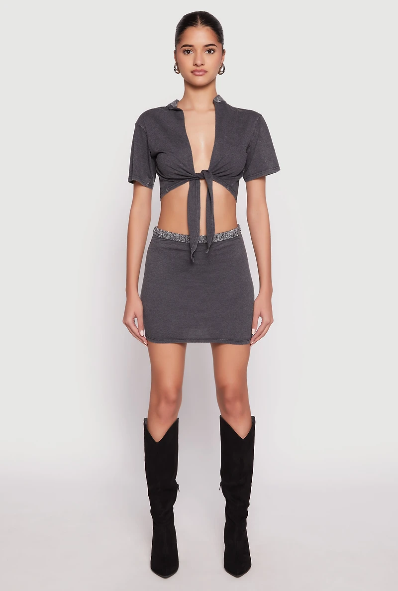 Womens Rhinestone Collar Tie Front Crop Top, Grey, Size M