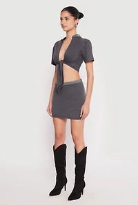 Womens Rhinestone Collar Tie Front Crop Top, Grey, Size S