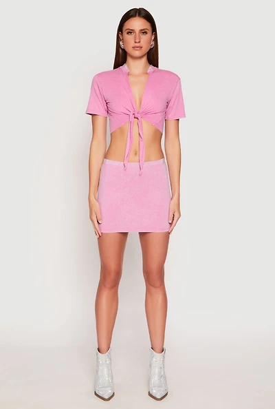 Womens Rhinestone Collar Tie Front Crop Top, Pink, Size L