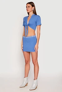 Womens Rhinestone Collar Tie Front Crop Top, Blue, Size S