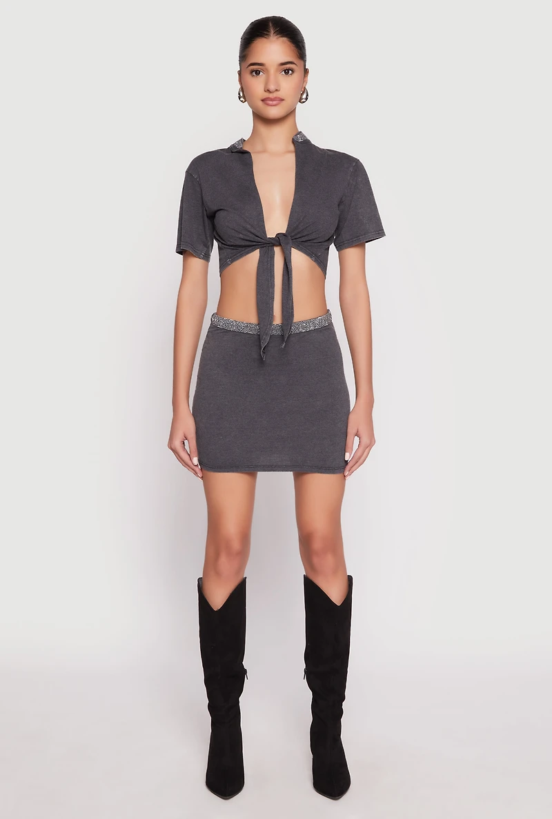 Womens Rhinestone Waist Mini Skirt, Grey,