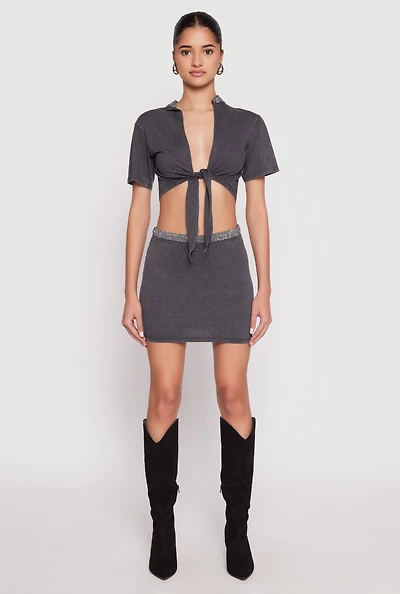 Womens Rhinestone Waist Mini Skirt, Grey,