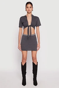 Womens Rhinestone Waist Mini Skirt, Grey,