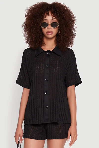 Womens Trendy Textured Knit Shadow Stripe Shirt,