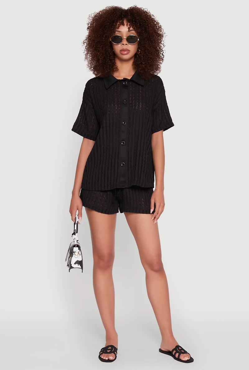 Womens Trendy Textured Knit Shadow Stripe Shirt, Black, Size M