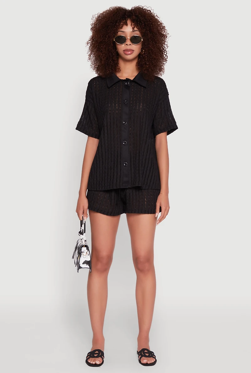 Womens Trendy Textured Knit Shadow Stripe Shirt, Black, Size M