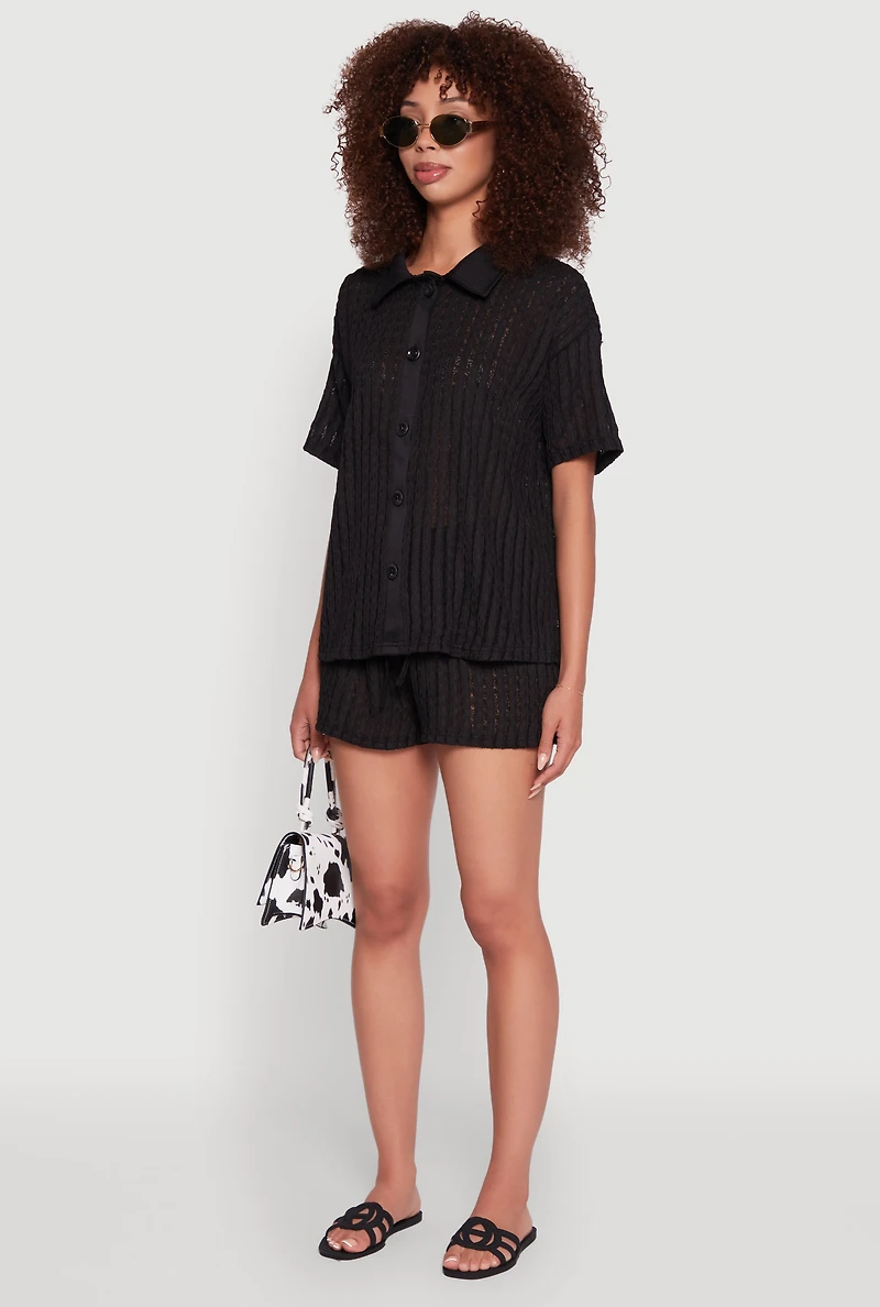 Womens Trendy Textured Knit Shadow Stripe Shirt, Black, Size M