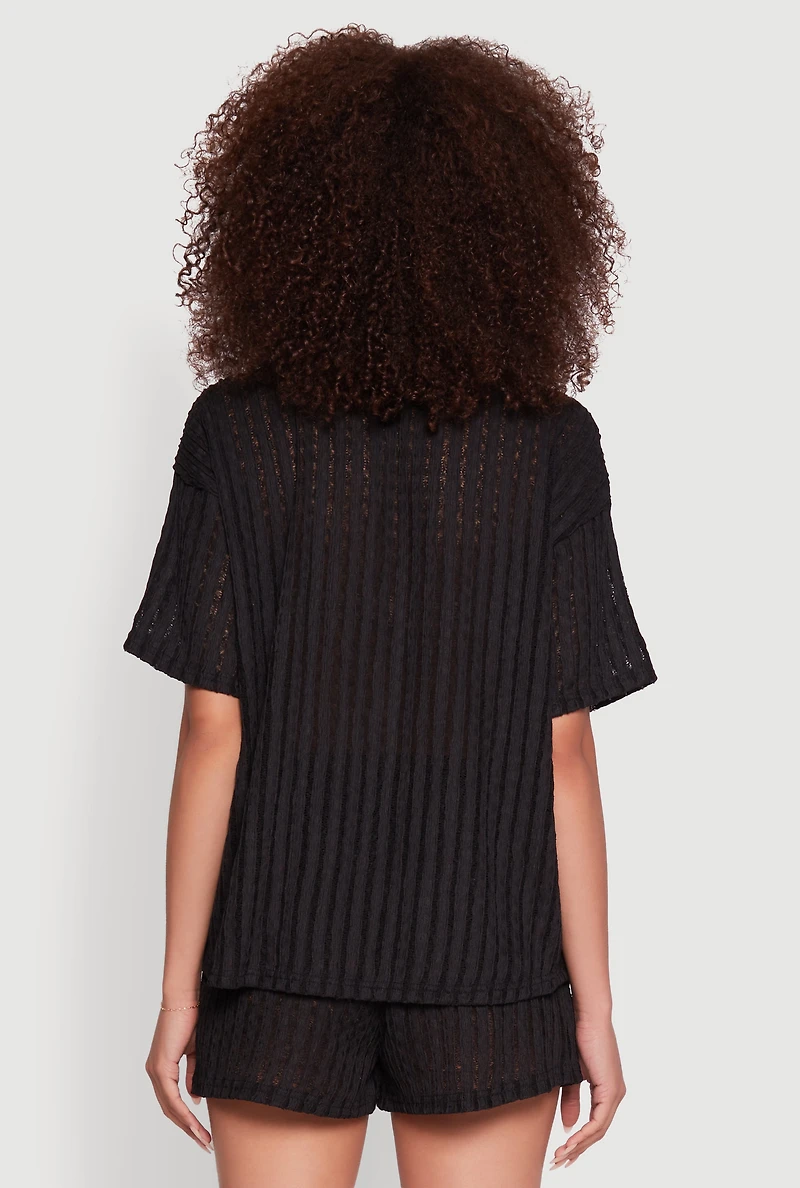 Womens Trendy Textured Knit Shadow Stripe Shirt, S