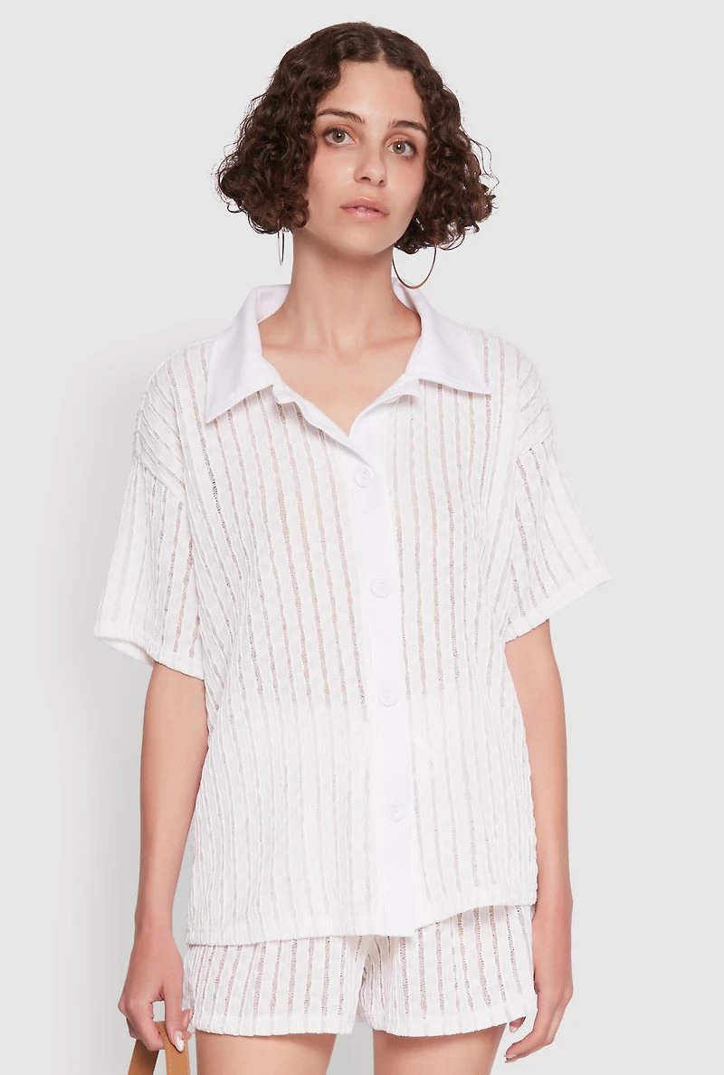 Womens Trendy Textured Knit Shadow Stripe Shirt, White, Size L
