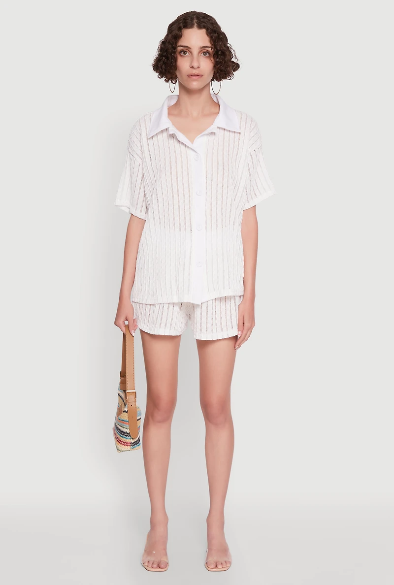 Womens Trendy Textured Knit Shadow Stripe Shirt, White, Size L