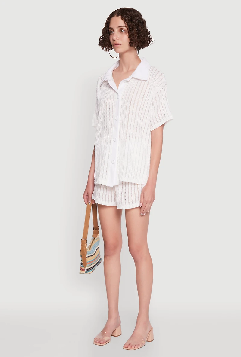 Womens Trendy Textured Knit Shadow Stripe Shirt, White, Size L