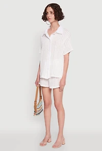 Womens Trendy Textured Knit Shadow Stripe Shirt, White, Size L