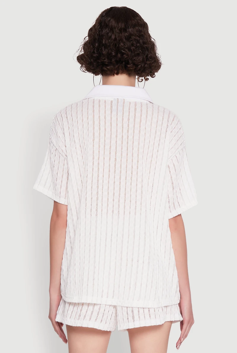 Womens Trendy Textured Knit Shadow Stripe Shirt, White, Size L