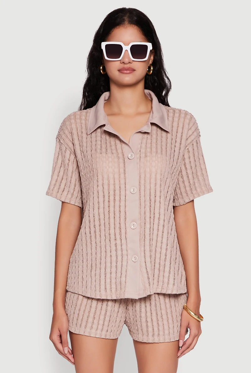 Womens Trendy Textured Knit Shadow Stripe Shirt,