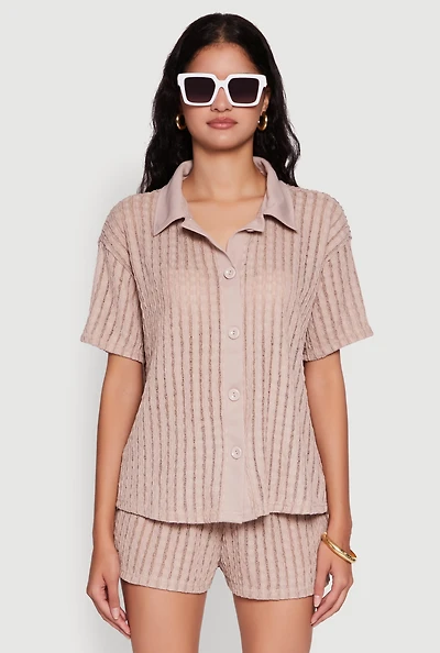 Womens Trendy Textured Knit Shadow Stripe Shirt,