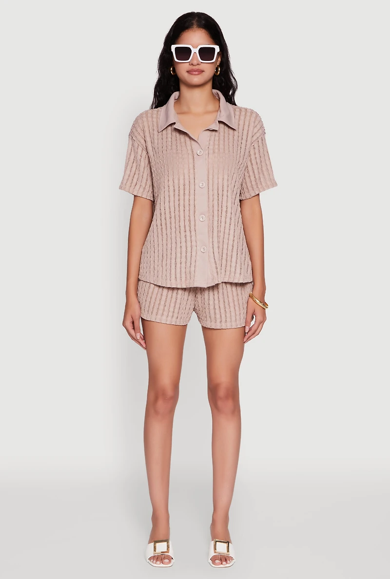 Womens Trendy Textured Knit Shadow Stripe Shirt, Beige, Size M