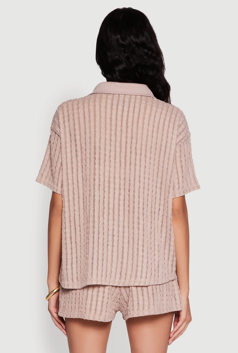 Womens Trendy Textured Knit Shadow Stripe Shirt, Beige, Size M