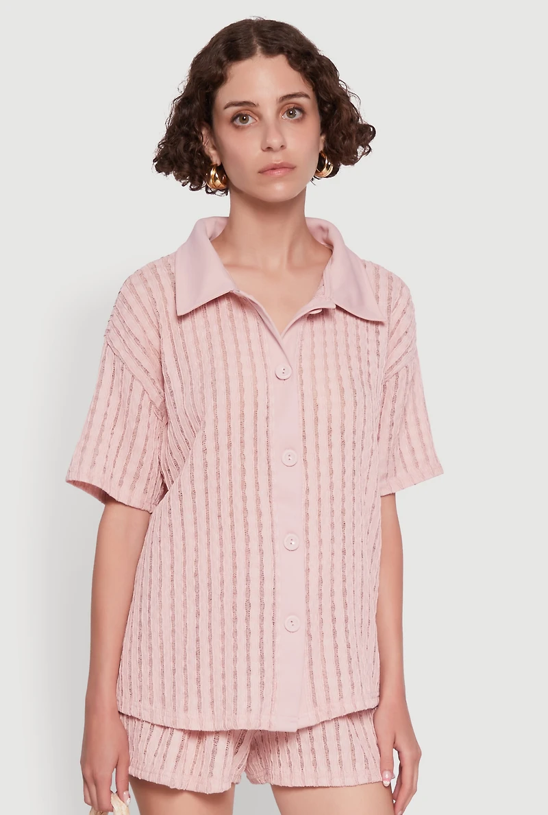 Womens Trendy Textured Knit Shadow Stripe Shirt, Pink, Size L