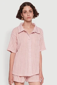 Womens Trendy Textured Knit Shadow Stripe Shirt, Pink, Size L