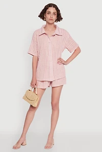 Womens Trendy Textured Knit Shadow Stripe Shirt, Pink, Size L