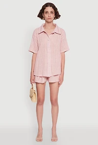 Womens Trendy Textured Knit Shadow Stripe Shirt, Pink, Size L